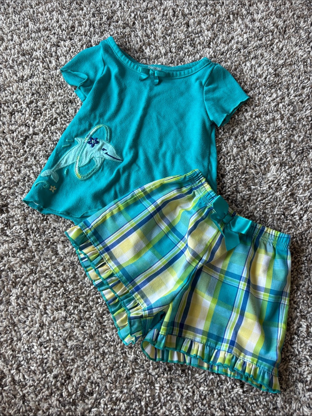 Gymboree Teal Top with Plaid Green and Blue Shorts